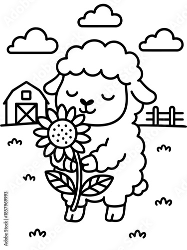 Blooming sheep in pastoral scene: A charming, friendly sheep gazes with contentment at a blossoming sunflower in the heart of the countryside.