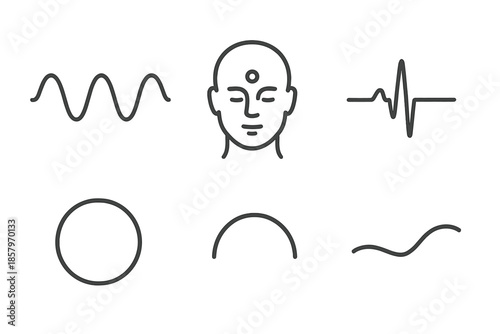 Anti-Anxiety Breathing Icons. Line vector icons of anti-anxiety breathing: paced breathing curve, centered head, rhythm strip,