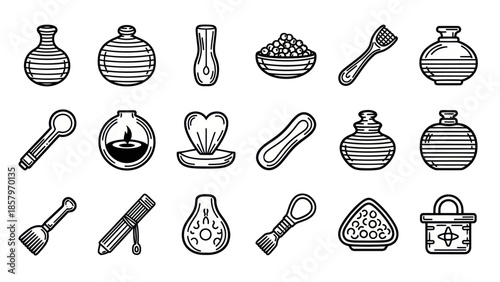 Collection of decorative vessels and objects in black and white line art