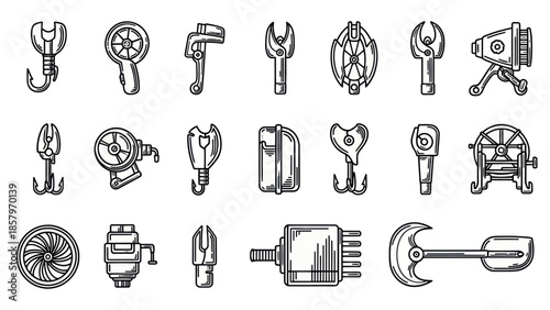 Collection of hand drawn mechanical tools and instruments illustration