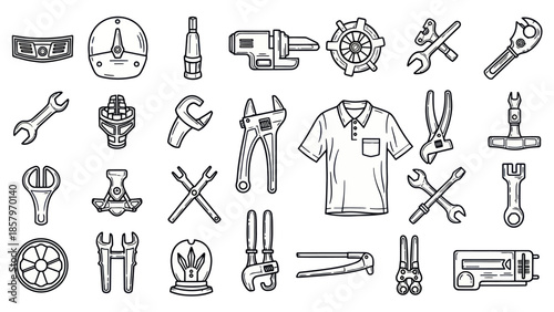 Collection of hand drawn mechanic tools and uniform elements vector illustration