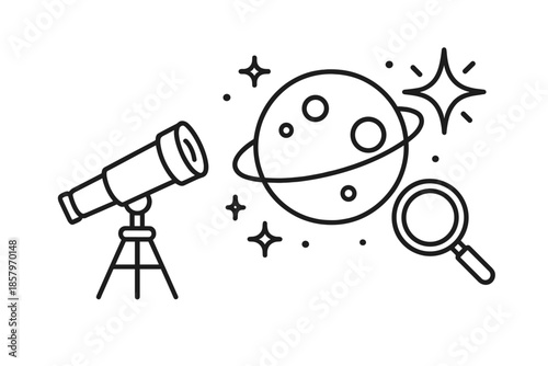 Exoplanet Discovery Icons. Line vector icons of a telescope discovering a new exoplanet: space telescope, distant planet, orbital