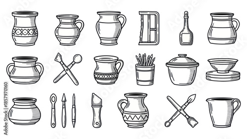 Collection of hand drawn pottery and ceramics for design and decoration