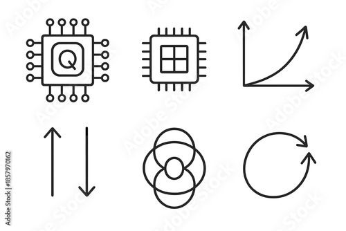 Quantum Supremacy Icons. Line vector icons of quantum computer supremacy over classical computing: quantum chip, classical chip