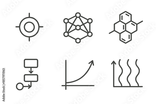 Molecular Computation Icons. Line vector icons of next-gen molecular computation: qubit ring, advanced model line, compound
