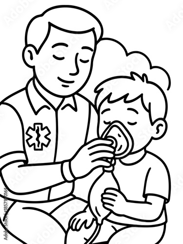 Emergency Medical Response: A comforting scene unfolds as a dedicated paramedic provides vital aid to a young patient, administering oxygen with compassion and expertise.