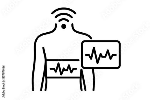 Bio-Signal Telemetry Icons. Line vector icons of bio-signal telemetry: implant dot, signal arcs, body boundary, pulse band,