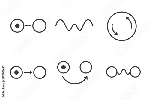 Nonlocal Correlation Icons. Line vector icons of nonlocal correlation: distant particles, connected wave path, phase-aligned ring,