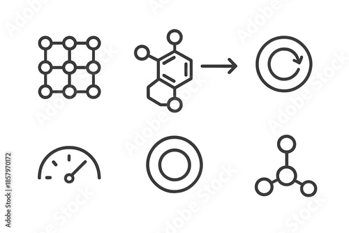 Quantum Drug Algorithm Icons. Line vector icons of a quantum algorithm for drug discovery: qubit lattice, molecule outline,