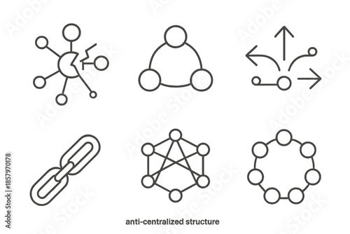 Decentralized Network Illustration. Line vector icons of anti-centralized structure: broken central node, wide network arcs,
