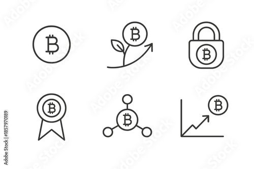 Crypto Yield Icons. Line vector icons of crypto yield generation: coin outline, growth arc, locked loop, reward band, staking node