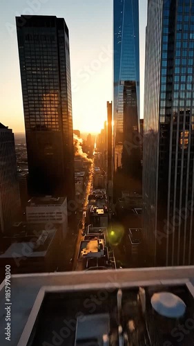 Sunset View of City Skyline with Tall Skyscrapers and Emission from Rooftop Chimney