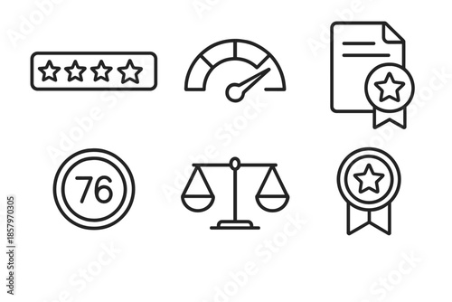 Credibility Scoring Icons. Line vector icons of credibility scoring algorithm: star-rating bar, trust meter gauge, document badge,