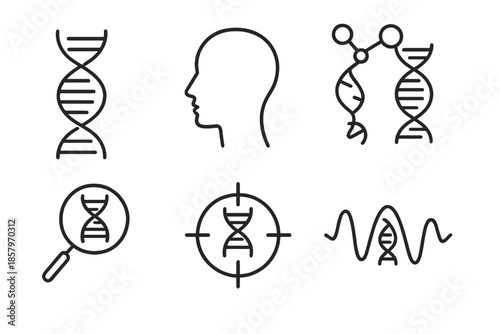 Genomic Medicine Icons. Line vector icons of personalized genomic medicine: gene strand, human profile, custom molecule curve,