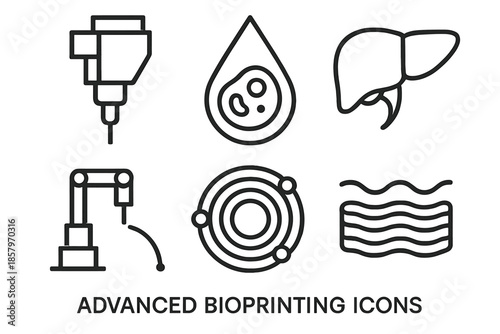 Biomedical Printing Icons. Line vector icons of advanced biomedical printing: print head, cell-fluid droplet, anatomical form,