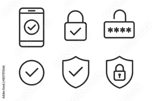 Secure Login Icons. Line vector icons of secure login confirmation: smartphone frame, confirmation check, lock arc, code strip,