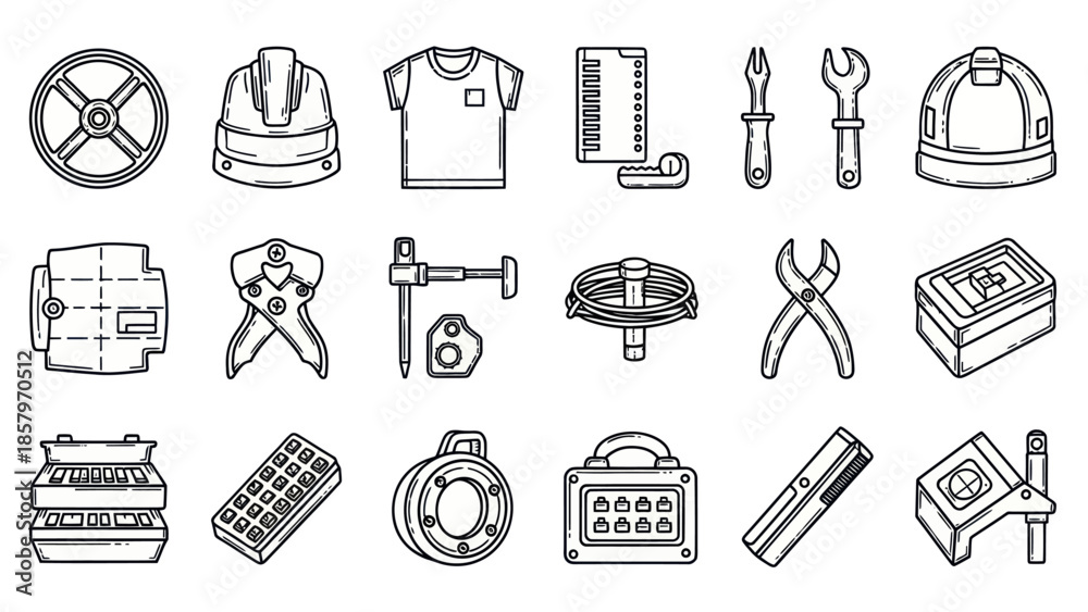 Obraz premium Collection of industrial tools and equipment line art illustrations