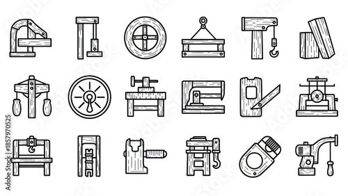 Collection of industrial tools icons in a detailed line art style