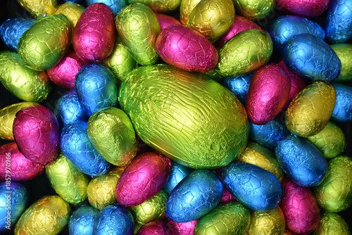 Pile of colourful foil wrapped chocolate easter eggs in pink, blue, yellow and lime green with a large green egg in the middle.