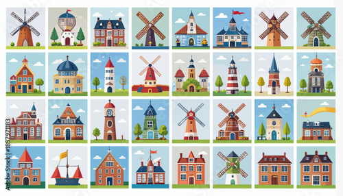 Collection of Cartoon Buildings and Windmills.