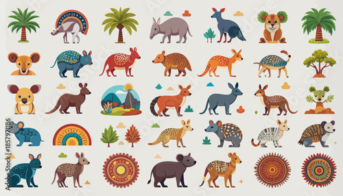 Collection of Various Cartoon Australian Animals.