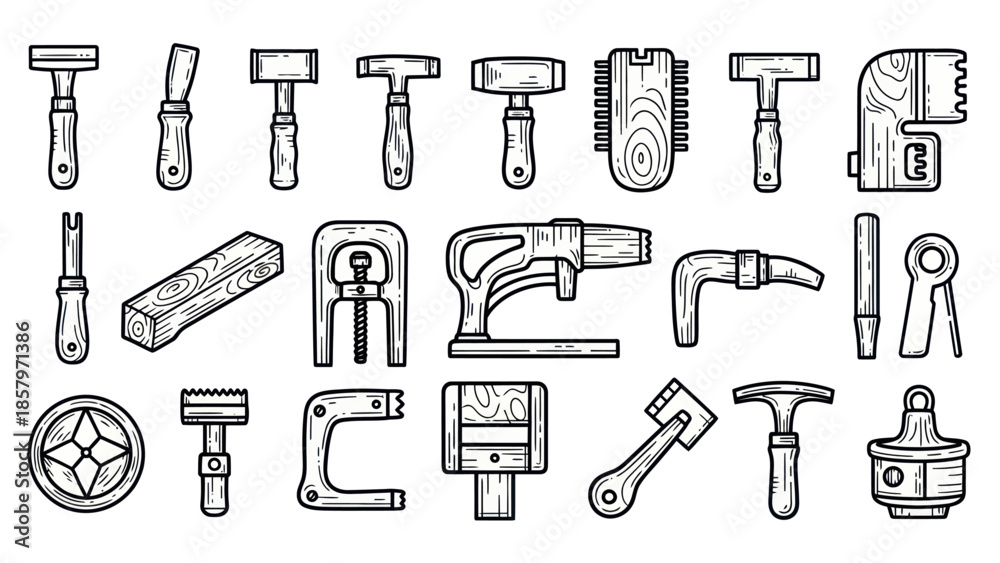 Obraz premium Collection of hand tools illustration in monochrome style on white background