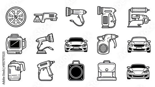 Collection of isolated vector icons depicting automotive tools and vehicles