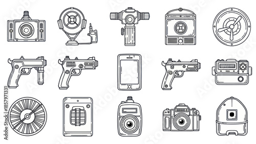 Collection of isolated vector icons depicting technology and various gadgets