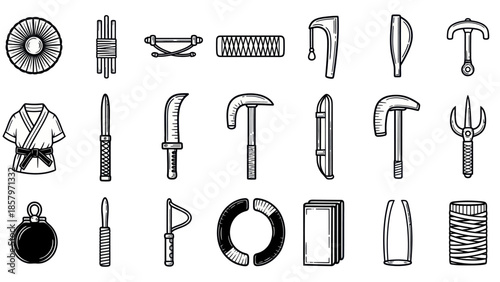 Collection of isolated martial arts weapons in detailed black and white