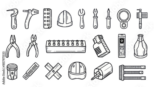 Collection of hand drawn tools and equipment for construction and industry