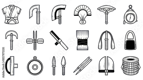 Collection of japanese tools and items isolated on a white background