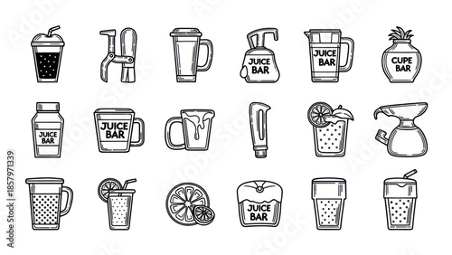 Collection of juice containers in black and white graphic style design