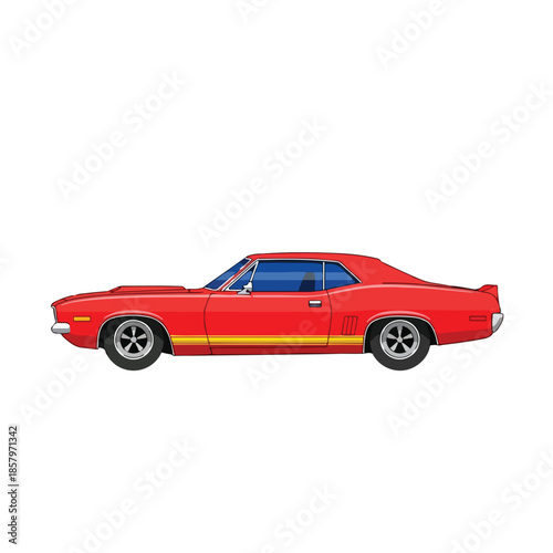 Red Camaro Muscle Car with Yellow Stripes.