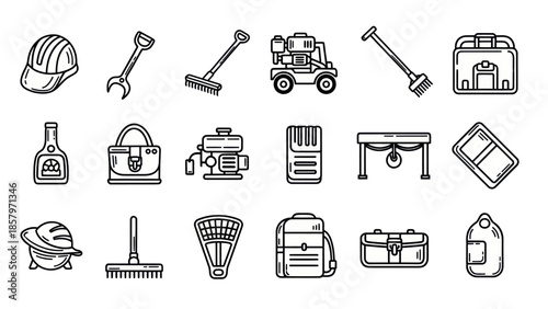 Collection of hand drawn tools for construction and gardening activities