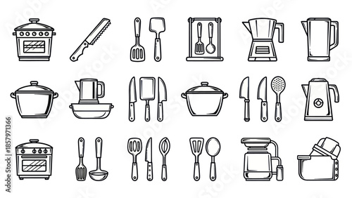 Collection of kitchen tools and appliances in detailed line art style