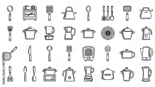 Collection of kitchen utensils and cookware in black and white line art