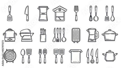 Collection of kitchen utensil icons in minimalist black and white style