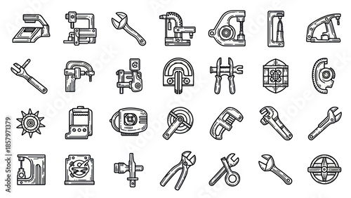 Collection of hand tools and workshop equipment vector illustration