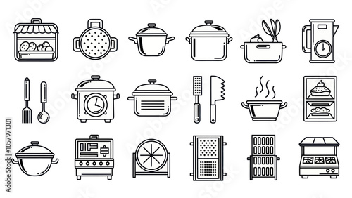 Collection of kitchen utensils and cookware line art illustration