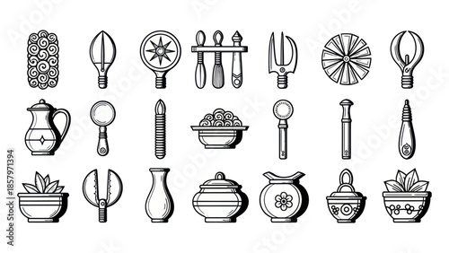 Collection of kitchen utensils and decorative objects in a line art style