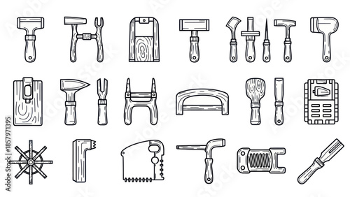 Collection of hand tools vector illustration in engraved style
