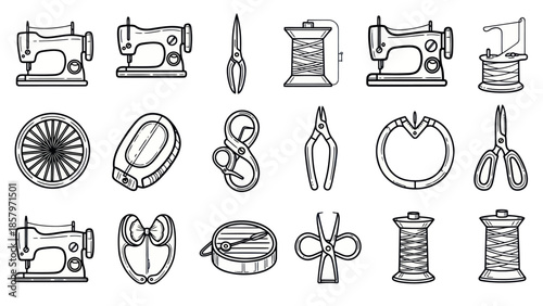 Collection of sewing tools and equipment in vector line art style