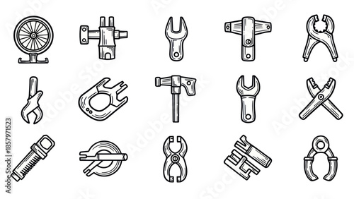 Collection of mechanical tools and equipment illustrations on white background