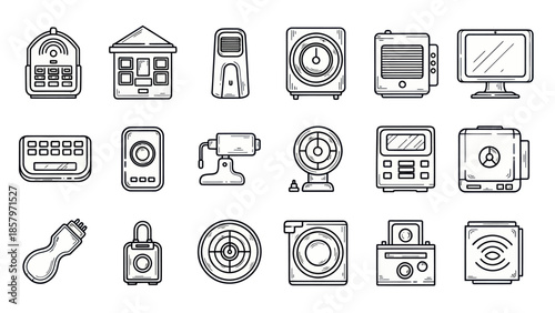 Collection of minimalist electronic devices in monochrome line art