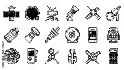 Collection of space exploration and technology icons isolated on white