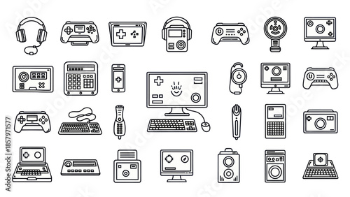 Collection of modern digital devices and electronic gadgets outlined