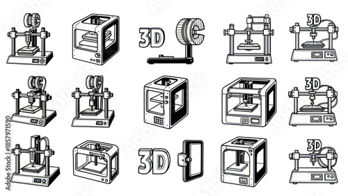 Collection of monochrome 3 d printers illustrations for technological designs