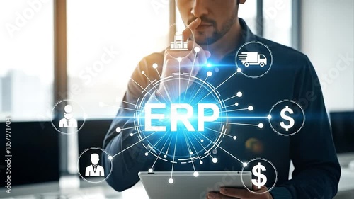 Businessman using tablet with Enterprise Resource Planning (ERP) system icons in a modern office