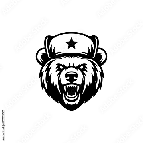 Aggressive bear mascot head, growling, wearing a Soviet/Russian ushanka hat with a star. Black and white vector logo for gaming, eSports, or sport team design.
