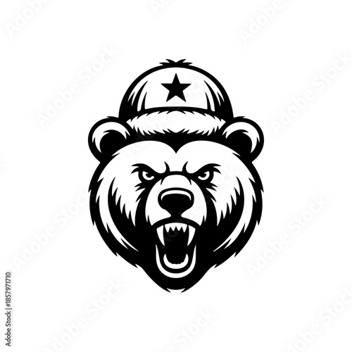 Aggressive bear mascot head, growling, wearing a Soviet/Russian ushanka hat with a star. Black and white vector logo for gaming, eSports, or sport team design.